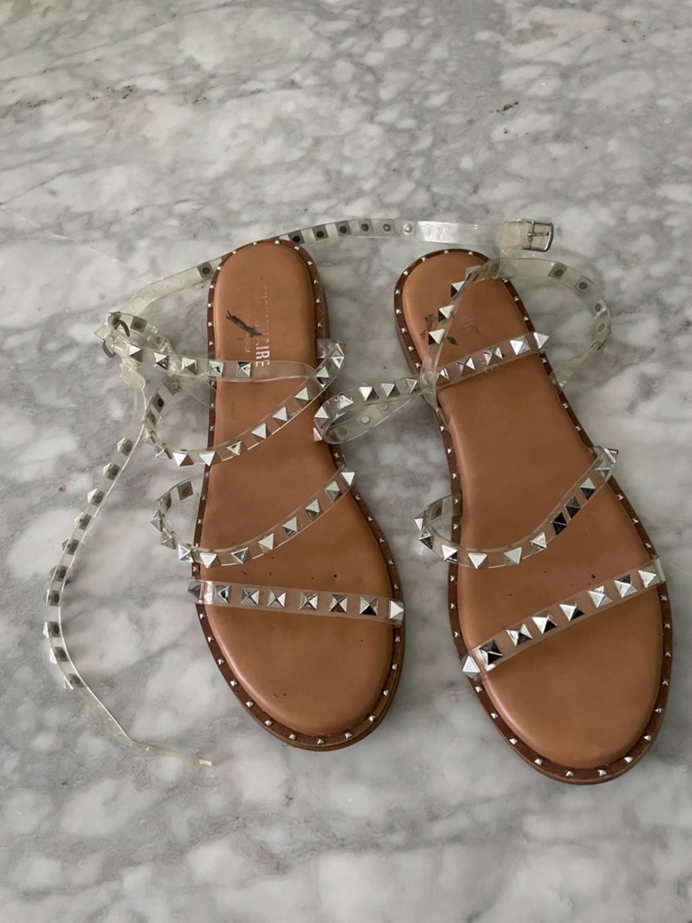 Clear Strap Studded Leather Sandals - Tan size 8.5
